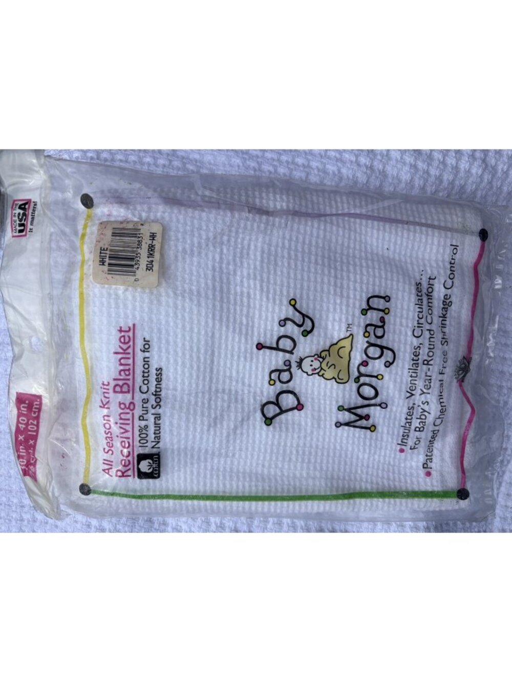 Vintage Baby Morgan Receiving Blanket Waffle Weave WHITE Cotton 30x40 SEALED